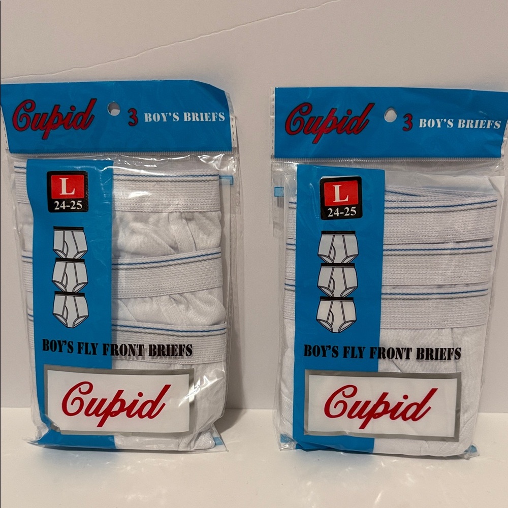 NWT Six Pair Cupid brand cotton blend boys Large fly front briefs. Waist‎ 24-25.